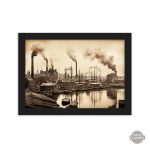 Art mural steampunk noir et blanc, paysage industriel