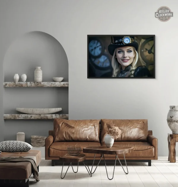 Tableau élégant de style steampunk avec un personnage féminin