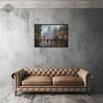 Tableau steampunk représentant une ville rétro