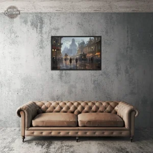 Tableau steampunk représentant une ville rétro
