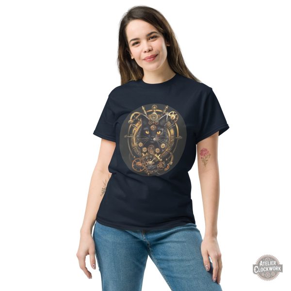 Tee Shirt noir steampunk, motif félin distinctif